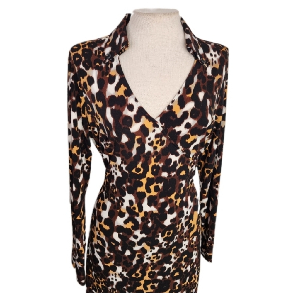 Dennis Basso Dress Leapard Print Faux Wrap Stretchy Long Sleeve V-Neck G… - Picture 5 of 12